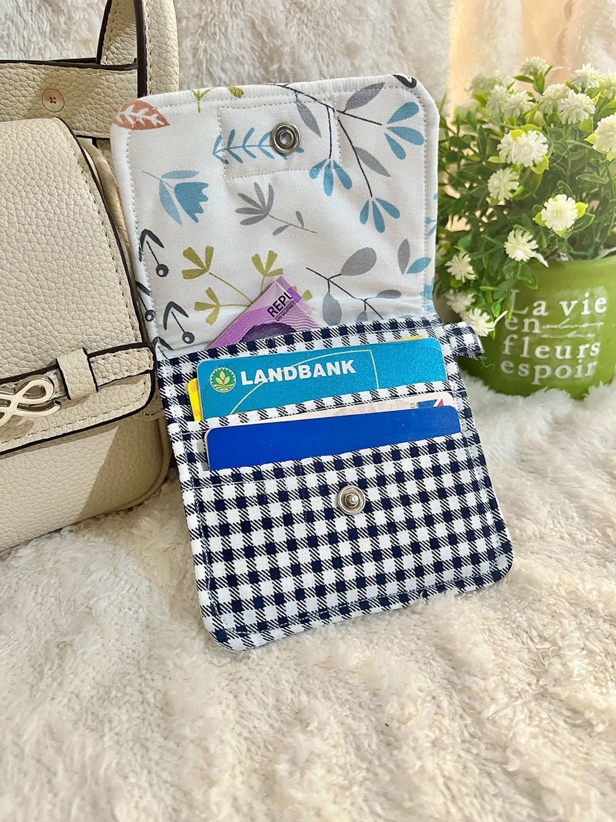 Mini Card Holder Wallet – Floral and Gingham Print